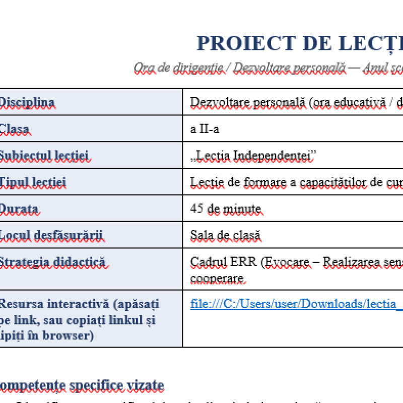 Lecția independenței. Prima oră. Clasa a II-a [fișiere .PPTX și .DOCX]