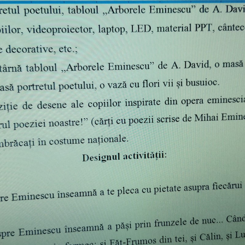 ACTIVITATE EXTRACURRICULARĂ „GÂND PENTRU EMINESCU” Învățământ preșcolar, primar, gimnazial și liceal [fișier .DOCX]