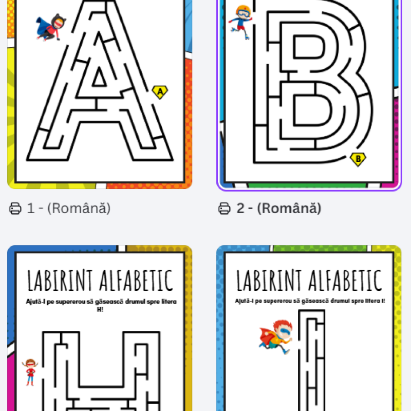 Set de fișe „Labirint alfabetic” [fișier .PDF]