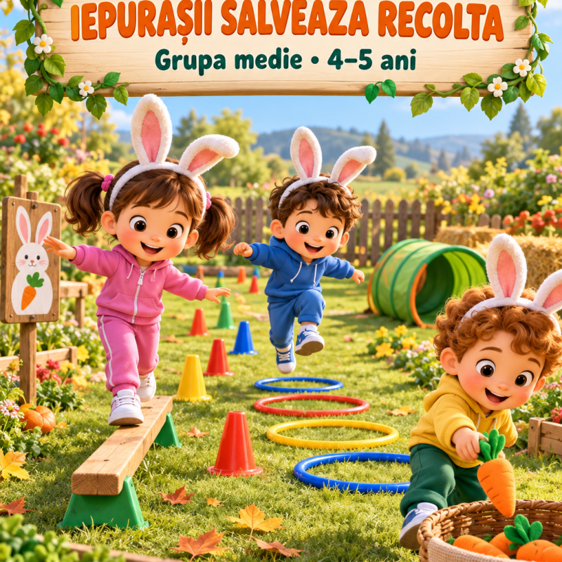 Proiect didactic la Educație fizică pentru 4–5 ani – „Iepurașii salvează recolta” [fișier .DOCX]