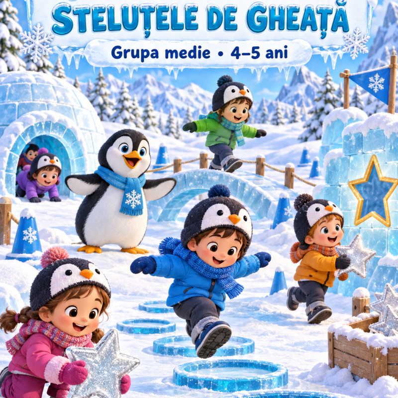 Proiect didactic la Educația fizică pentru 4–5 ani – „Pinguinii salvează steluțele de gheață” [fișier .DOCX]