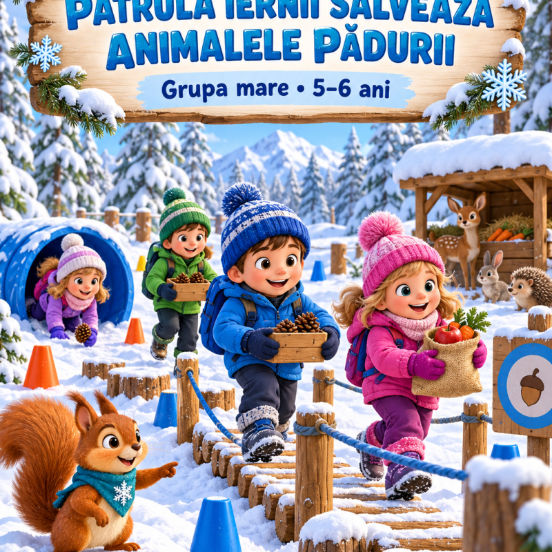 Proiect didactic la Educația fizică pentru 5–6 ani – „Patrula Iernii salvează animalele pădurii” [fișier .DOCX]