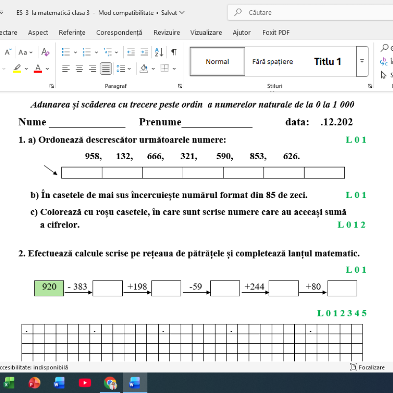 Evaluare sumativă Matematică clasa 3 modulul 3 [fișier .DOC]