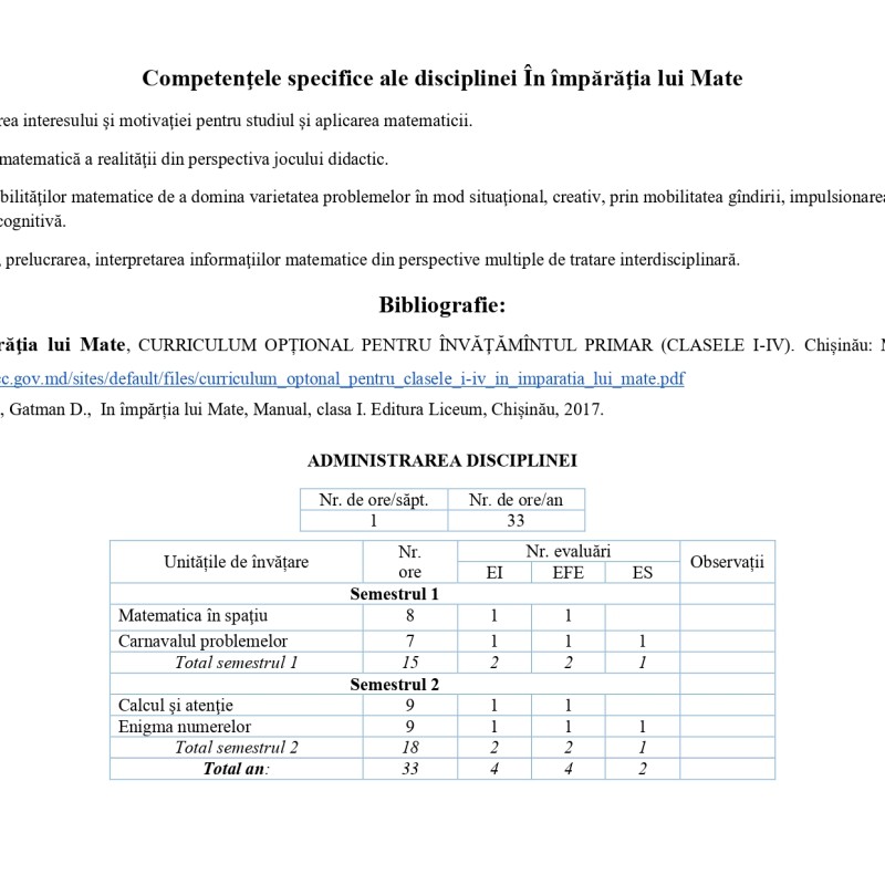 Proiectare  didactică de lungă durată,  disciplina opțională  ,, În Împărăția lui Mate'' , cl. 1 [fișier .PDF]