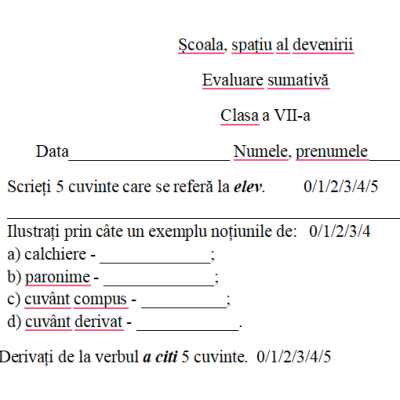 Evaluare sumativa.Unitatea de învățare Școala, spațiu al devenirii [fișier .DOCX]