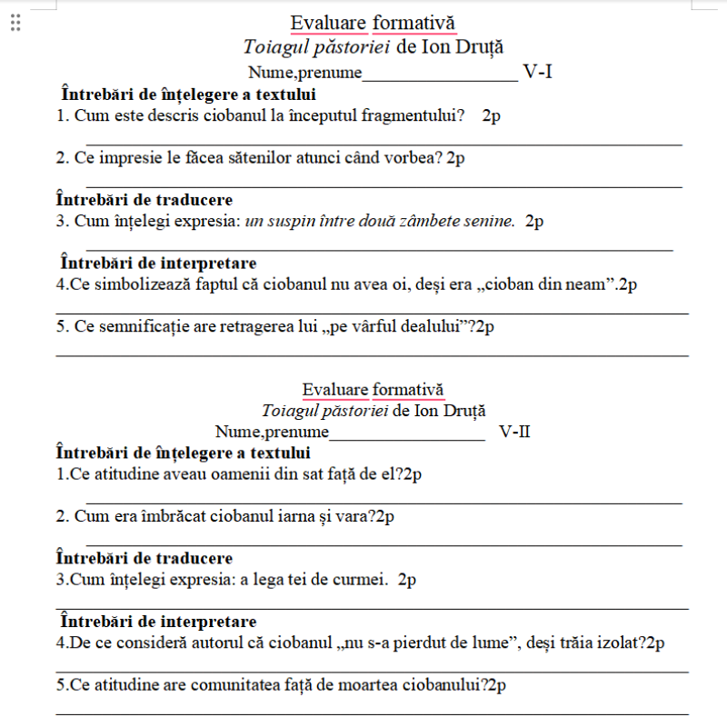 Cl. a IX-a Nuvela Toiagul păstoriei de I.Druță.Evaluare formativă [fișier .DOCX]
