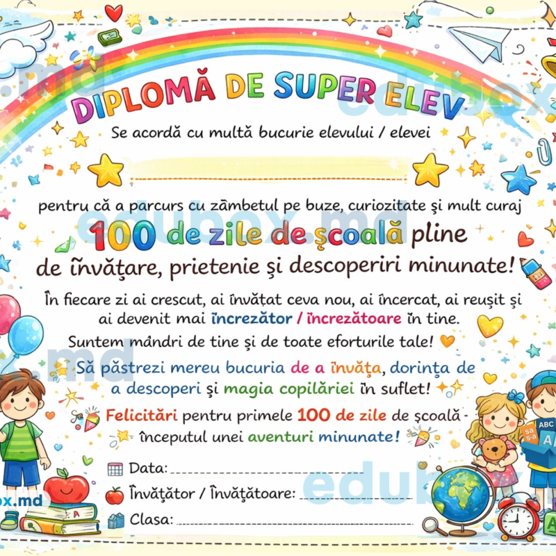 Diplomă „100 de zile de școală” – design vesel pentru clasele primare [Fișier .PDF]