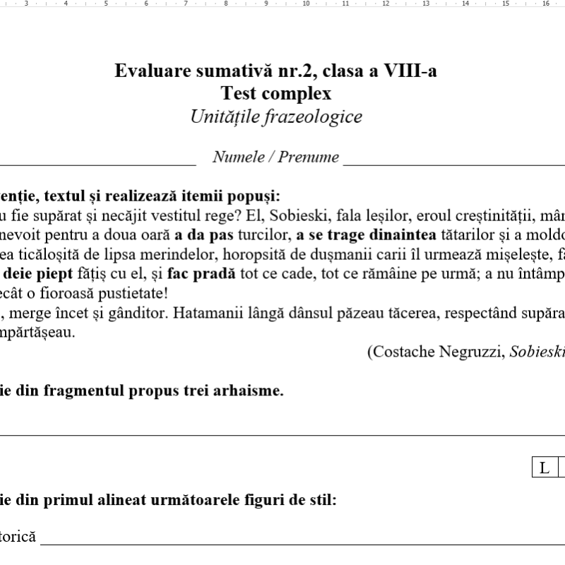 Evaluare sumativă nr. 2 Unitățile frazeologice [fișier .DOCX]