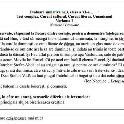 Evaluare sumativă nr. 3 UMANISMUL [fișier .DOCX]