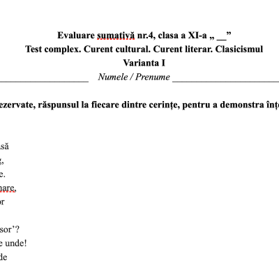 Evaluare sumativă nr.4, clasa a XI-a - Clasicismul [fișier .DOCX]