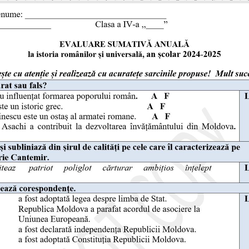 Evaluare sumativă anuală finală la istoria românilor și universală,  clasa 4 [fișier .DOCX]