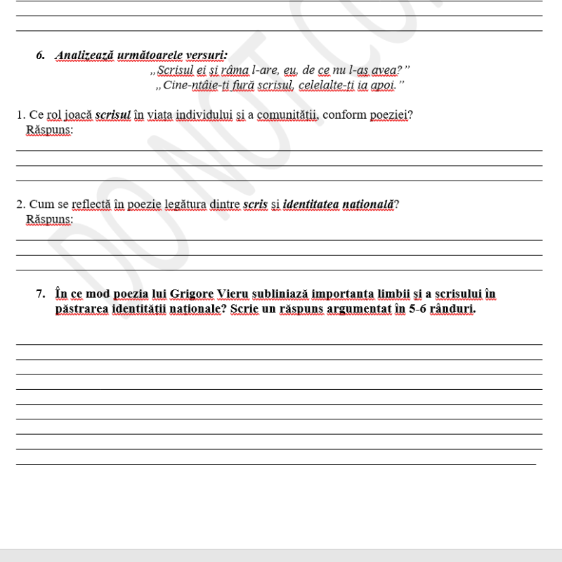 Fișă de lucru în baza poeziei ,,Cântare scrisului nostru” de Grigore Vieru [fișier .DOCX]