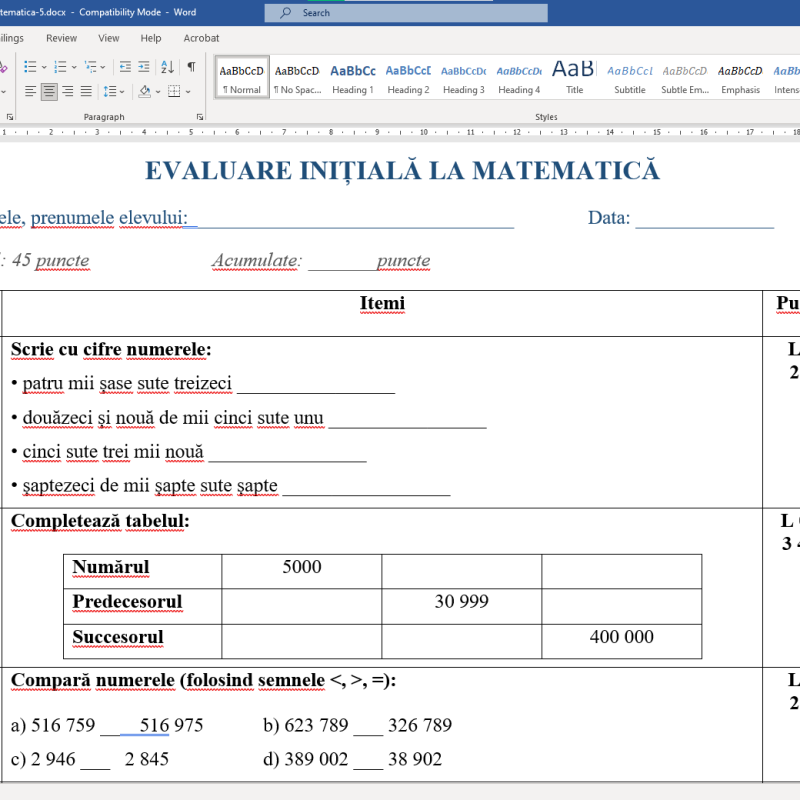 Evaluare inițială, matematica, clasa a V-a  [fișier .DOCX]